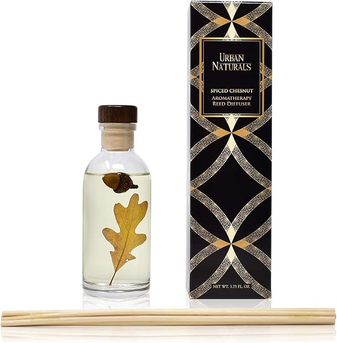 Urban Naturals Spiced Chestnut Reed Diffuser Sticks and Oil Set β Comforting Autumn Scent of Chestnuts, Cinnamon, Clove and Cedar Wood with Real Acorns and Fall Leaves β 3.75 Ounces β Made in The USA