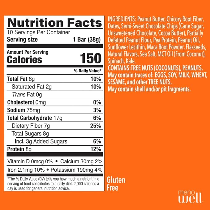 MenoWell Menopause and Perimenopause Protein Bars for Women, Weight Management Support, Peanut Butter Chocolate, 25% Daily Fiber, Prebiotic, Plant-Based, 7g of Protein, 3g Added Sugar, 10 Count (Pack of 1)
