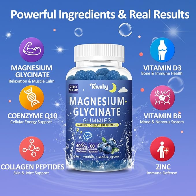 Magnesium Glycinate Gummies 400mg - Sugar Free Vegan Gummies for Adults & Kids with Vitamin D3, B6, C, CoQ10, Collagen, Zinc - Sleep, Muscle, Bone & Memory Support - 60 Blueberry Chewables