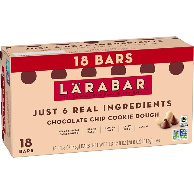 Lärabar Chocolate Chip Cookie Dough Vegan Gluten Free Fruit & Nut Bar, Plant Based, Dairy Free, Kosher, Non-GMO, 18 Ct (1.6 Oz Each) Made With 6 Simple Ingredients, No Artificial Sweeteners, On-The-Go