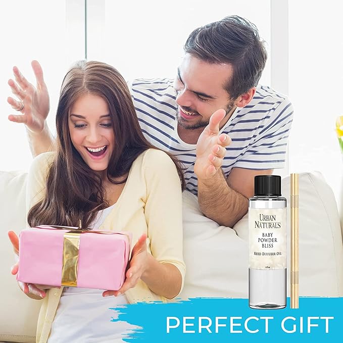 Urban Naturals Reed Diffuser Oil Refill, Baby Powder Bliss Diffuser Oils with Rose, Geranium, Cedar, 4 oz + Free Reed Sticks, Made in The USA