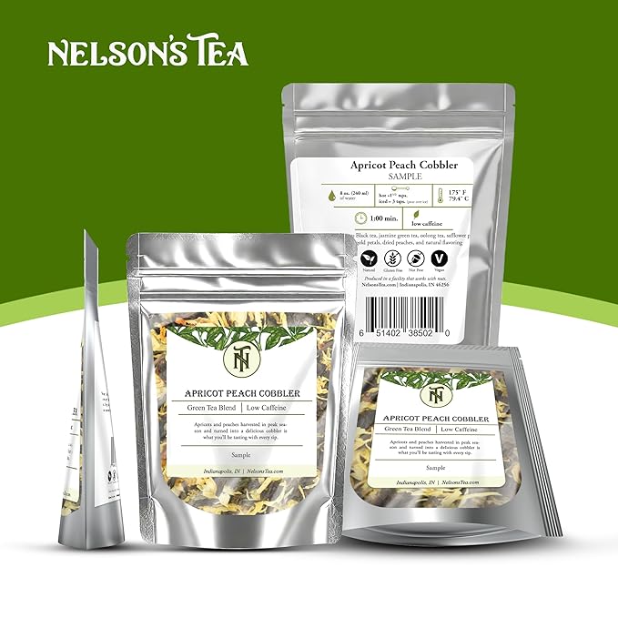 Nelson's Tea Apricot Peach Cobbler Tea Loose Leaf Blend - Jasmine Green Tea, Black Teas, Oolong, Safflower & Marigold Petals - Apricot Peach, Black Jasmine Teas (Sample 0.3 Oz)