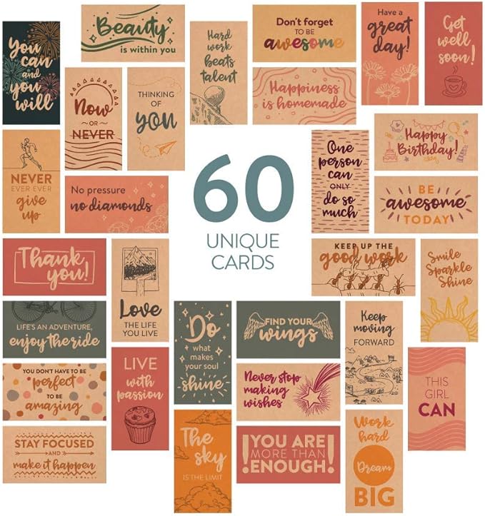 DIVERSEBEE 60 Pack Assorted Inspirational Kraft Cards - Motivational Kindness Mini Note Cards, Encouragement Affirmation Card Set, 60 Unique Motivational Quotes - Business Card Size (Kraft)