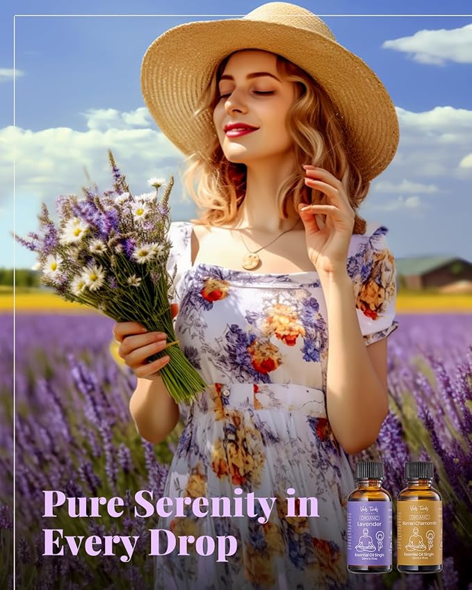 VTS Organic Essential Oils Set with Waterless Diffuser, Lavender & Roman Chamomile Essential Oil Aromatherapy Gift Set (1 fl.oz Lavender Oil & 1 fl.oz Chamomile Oil & Portable Diffuser)