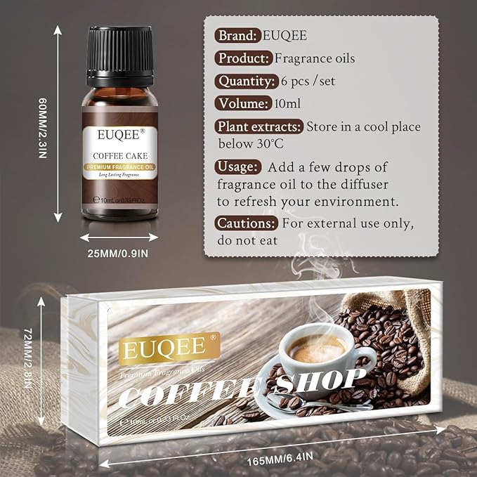 EUQEE 6PCS Coffee Fragrance Oil Set(10ml), Premium Fragrance Essential Oils Set for Candle Making, Diffuser-Coffee, Chocolate, Cake, Coconut Cream, Coconut & Vanilla