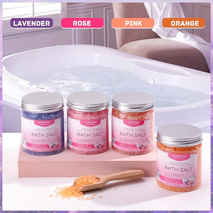 4 Pack Kit Bath Salts for Soaking Himalayan Pink Salt Lavender Orange Rose Pink Scent Epsom Salt Bubble Bath for Women Christmas Gift with Dead Sea Salt Moisturizing Skin