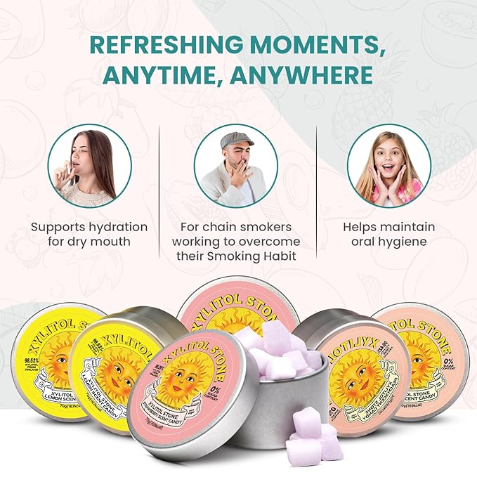 Xylitol Stone Sugar Free Candy - Vegan & Keto Friendly Unique Hard Candy - 100% Natural Flavor Candies - Gluten Free & Non-GMO Breath Freshener Mints - Pack of 6 (2 Strawberry, 2 Lemon, 2 Peach)