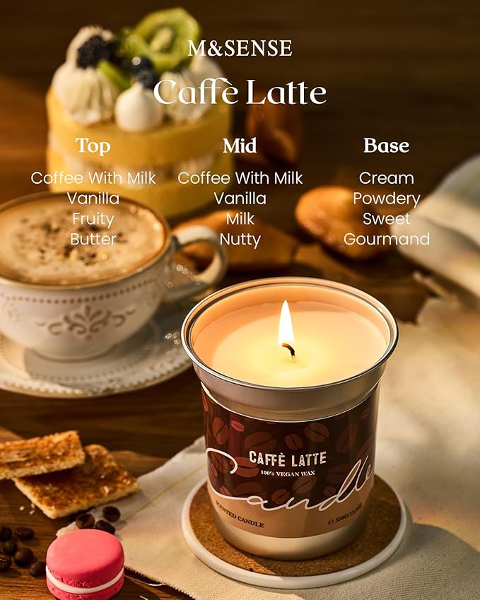 M&SENSE Coffee Candles Latte Scented, Soy Wax 7oz 42 Hours Long Lasting Clean Burn, Stress Relief Aromatherapy Gifts for Coffee Lovers, Cozy Winter Holiday Home Decor