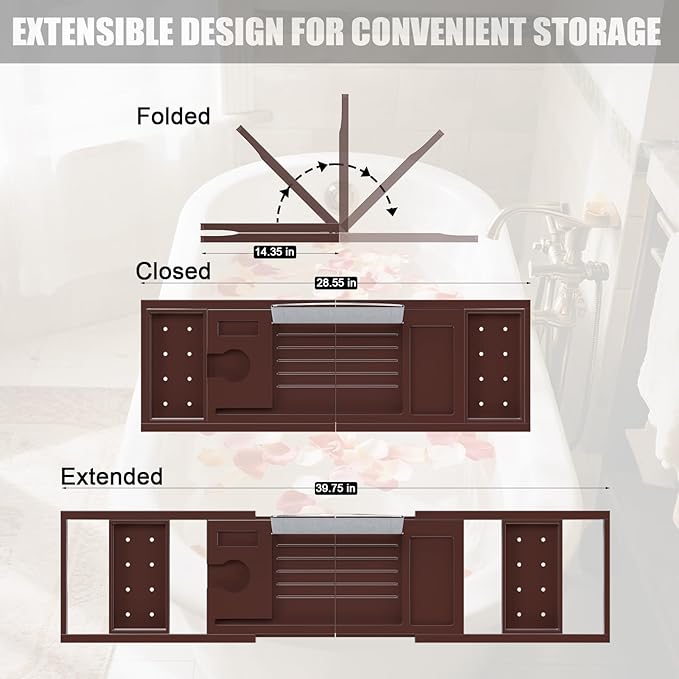 Bathtub Tray Caddy, Expandable Bath Trays for Tub, Bamboo Shelf & Table with Wine Glass Holder,Bathroom Accessories for New Home & Mothers Day & Birthday Gifts for Mom,Brown