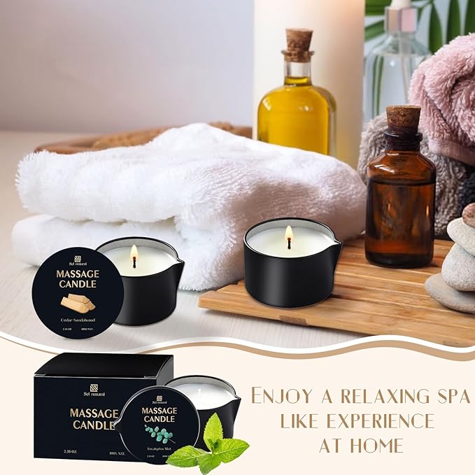 3 Pack Soy Massage Oil Candles Low Temp Massage Candles 3 Scent Spa Therapy Body Oil Home Gift for Relaxation, Couples, or Self-Care (Eucalyptus Mint, Cedar Sandalwood, Caramel Whisky)