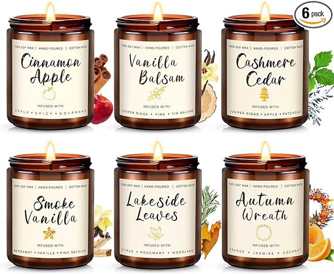 6 Pack Fall Scented Candles for Home, Candles Gifts Sets for Women Men Birthday Thanksgiving Day Merry Christmas, 7.1Oz Large Jar | Long Lasting Soy Wax Candleswith Cinnamon Apple, Smoke Vanilla