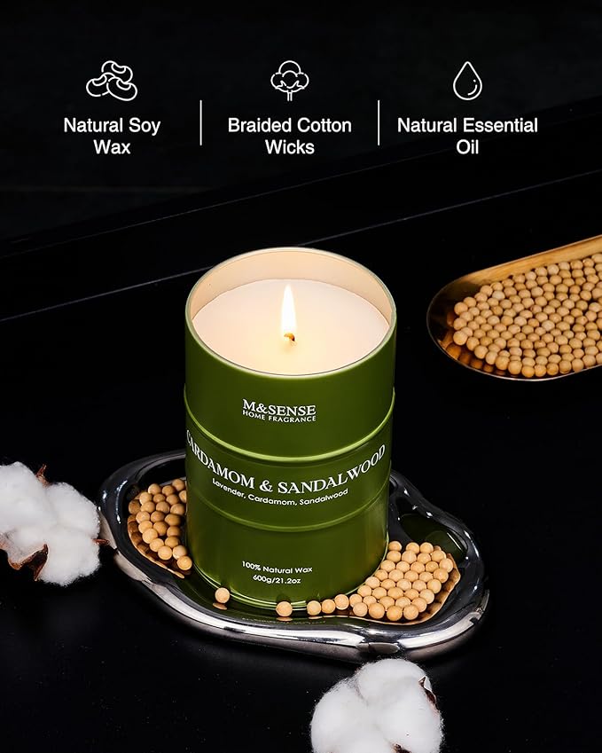 M&SENSE Cardamom Sandalwood Large Soy Scented Candles, Natural Organic Clean Burning Candles 21.2oz 120 Hours Long Lasting, Relaxing Aromatherapy Candles Gifts for Stress Relief