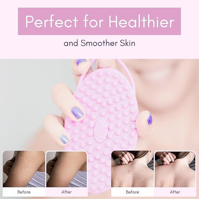 Avilana Silicone Body Scrubber - Food Grade & Lab Tested, Gentle Exfoliating Shower Brush for All Skin Types, Hygienic Quick-Dry Loofah Alternative (Pink, Massage-Silver)