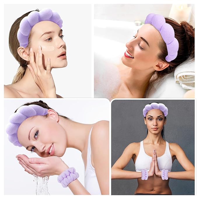 Zkptops Spa Headband for Washing Face Wristband Set Sponge Makeup Skincare Headband Terry Cloth Bubble Soft Get Ready Hairband Women Girl Puffy Padded Headwear Non Slip Thick Hair Accessory(Purple)