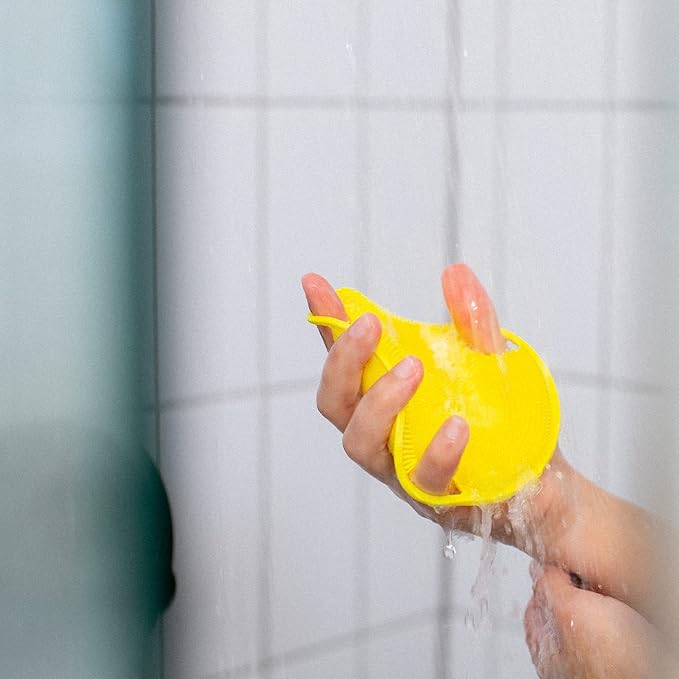 Boie USA Flat Body Scrubber - Soft Silicone-Like Exfoliating Shower Scrubber & Body Cleansing Brush - Stick-to-Wall Loofah Replacement - Body Exfoliator for All Skin Types (Yellow)