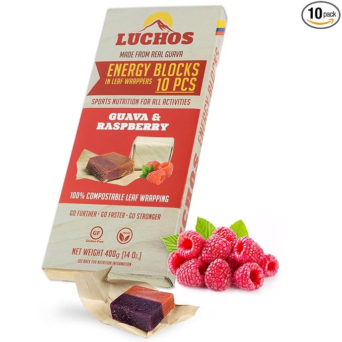 LUCHOS Natural High Energy Bars Power Blocks for Sports, Endurance, Running, Hiking, Cycling, Pre Workout Healthy Snacks, High Carb, Vegan and Gluten Free, Guava and Raspberry, 10 Pieces