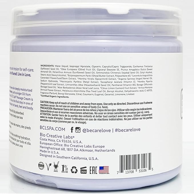 BCL SPA Massage Cream - Body Lotion & Body Cream with Organic Lavender + Mint, Shea Butter, Kelp, Arnica, Aloe Vera, Argan and Jojoba Oils - Calm, Moisturize and Soothe skin. Home/Pro Use 16 fl oz