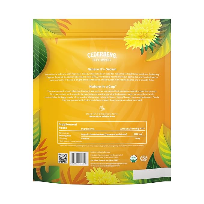 Cederberg Tea Company Organic Dandelion Root Tea — 30 Tea Bags | Organic Herbal Tea From Single Origin | Eco-Friendly Tea Bags | Non-GMO Caffeine Free Tea With Zero Sugar