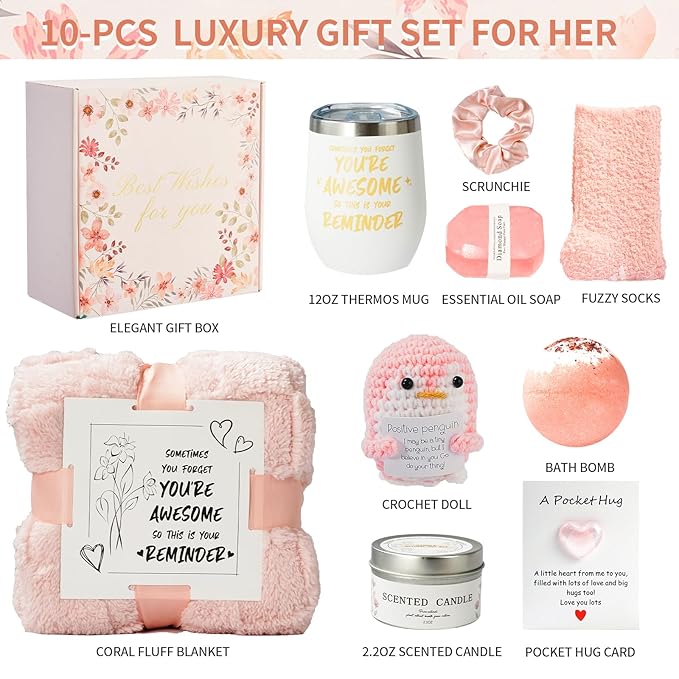 Self Care Gift Basket for Women, Luxury Spa Gift Basket with Blanket, Vanilla Coconut Self Care Set, Friendship Birthday Box for Mom, Sister, Wife, Best Friend, Coworker(Pink)