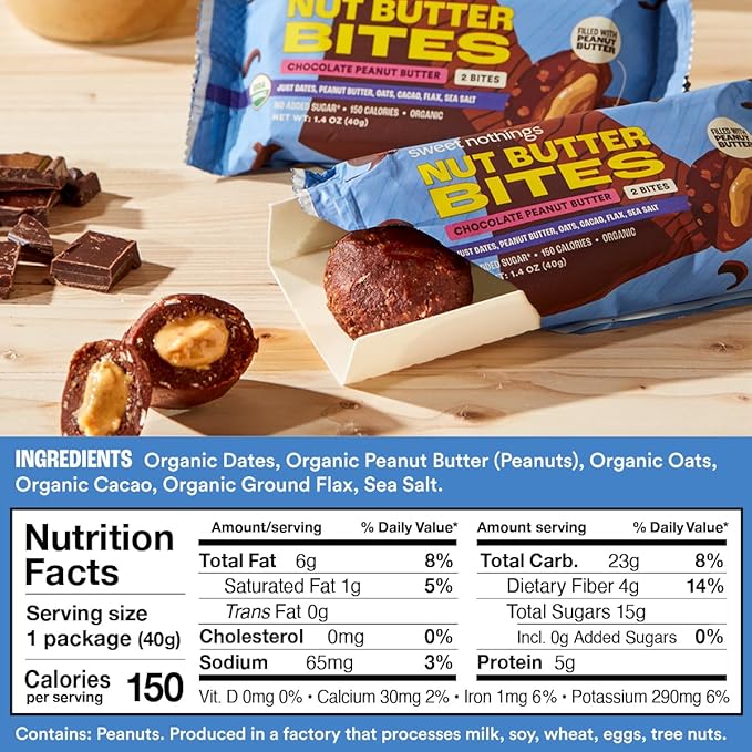 Sweet Nothings, Chocolate, USDA Organic Nut Butter Bites Protein Bar, Nut & Date Snack, Filled with Peanut Butter, 12-2 Bite Value Packs - No Added Sugar, Plant Based, Vegan, Only 7 Ingredients