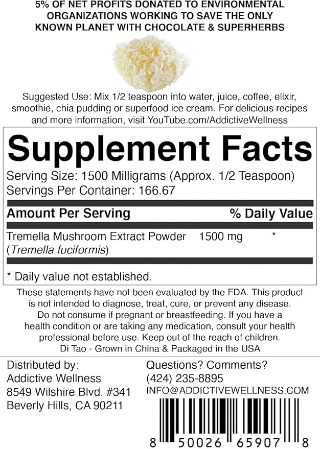 Addictive Wellness Tremella Mushroom Extract Powder Wood Grown Pure & Potent (250 Grams)