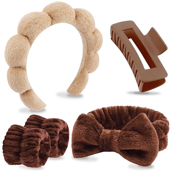 VELSCRUN Spa Headbands for Wash Face, Makeup Headband, Facial Skincare Headbands, 5 Pcs Dark Brown Puffy Sponge Spa Headband Bow Tie Hair Band Hair Clips Wristband Set Women Girls Accessories
