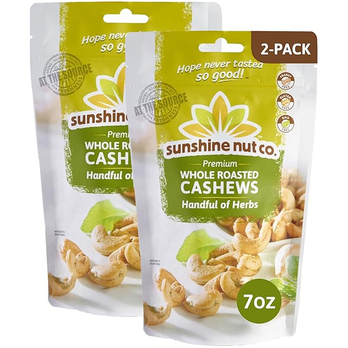 Sunshine Nut Company Whole Roasted Lightly Salted Cashews, Handful of Herbs Flavor, 2 Pack, 7 oz. Each, Gluten Free, Peanut Free and Vegan Individual Snack Packs for Kids and Adults, GMO Free