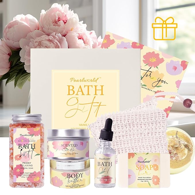 Peony Spa Gift Set for Women, Luxury 9 Pcs Bath Salts Set, Relaxation Gifts for Women, Self Care Set, Clean Moisturizing Skin, Gifts for Mom, Wife, Sister, Friend