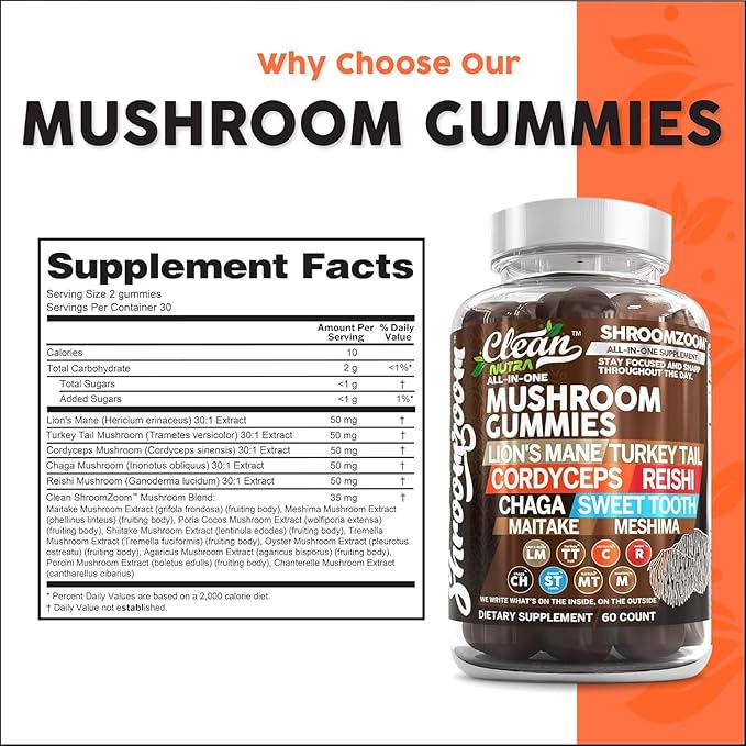 15in1 Mushroom Gummies with Lion's Mane Turkey Tail Cordyceps Reishi Chaga Sweet Toot Maitake Meshima Poria Cocos Shiitake Tremella, Oyster Agaricus Mushrooms for Men and Women Supplement - 2Pack