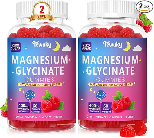 Magnesium Glycinate Gummies 400mg - Sugar Free Vegan Gummies for Adults & Kids with Vitamin D3, B6, C, CoQ10, Collagen, Zinc - Sleep, Muscle, Bone & Memory Support - 60 Raspberry Chewables / 2 Pack