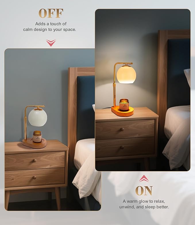 Ivory Glass Candle Warmer Lamp with Adjustable Height Dimmer and 2 4 8 Hour Timer Includes Scented Candle and 2 Bulbs Dark Wood Base for Cozy Bedroom Living Room Spa