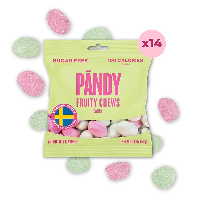 Pandy Swedish Candy Sugar Free Candy Wild Strawberry & Fruity Green Apple 14 Bags - Swedish Candy Mix - Diet Candy Keto Gummy Low Calories Snacks - Healthy Foam Sweets Fruity Chews 14 x 1.8oz