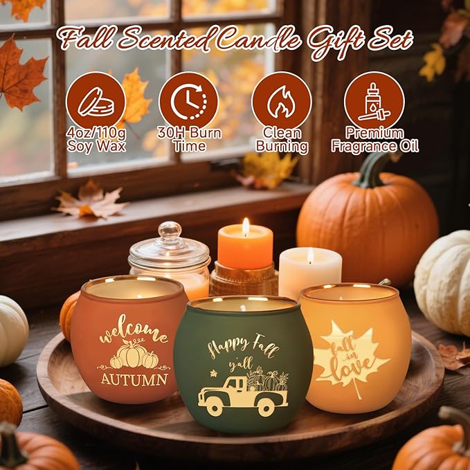 Lanpn Fall Scented Candles Gift Set 4 Pack 16oz Soy Wax Jar Candles Thanksgiving Aromatherapy Candle Autumn Home Table Decor Glass Votive Candle Holder Tabletop Centerpiece Farmhouse Decoration