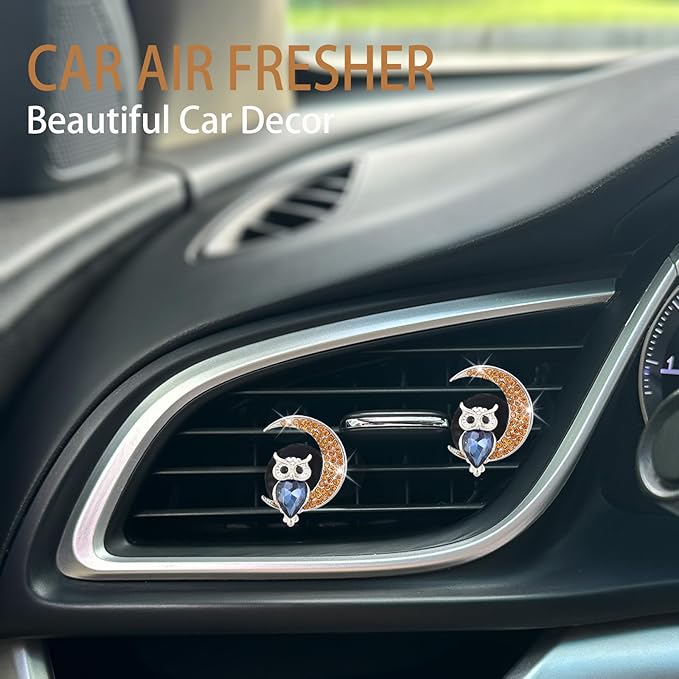 2pcs Owl Moon Air Vent Clip Car Air Freshener Bird Bling Blue Car Accessories for Women Teens Gothic Car Decor Dazzling Car Diffuser Outlet Clips