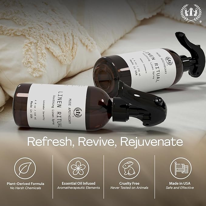 Muse Apothecary Linen Ritual - Aromatic, Soothing, and Relaxing Linen Mist, Laundry and Fabric Spray - Infused with Aromatherapy Essential Oils - 4 oz, Amber Cashmere, 2 Pack