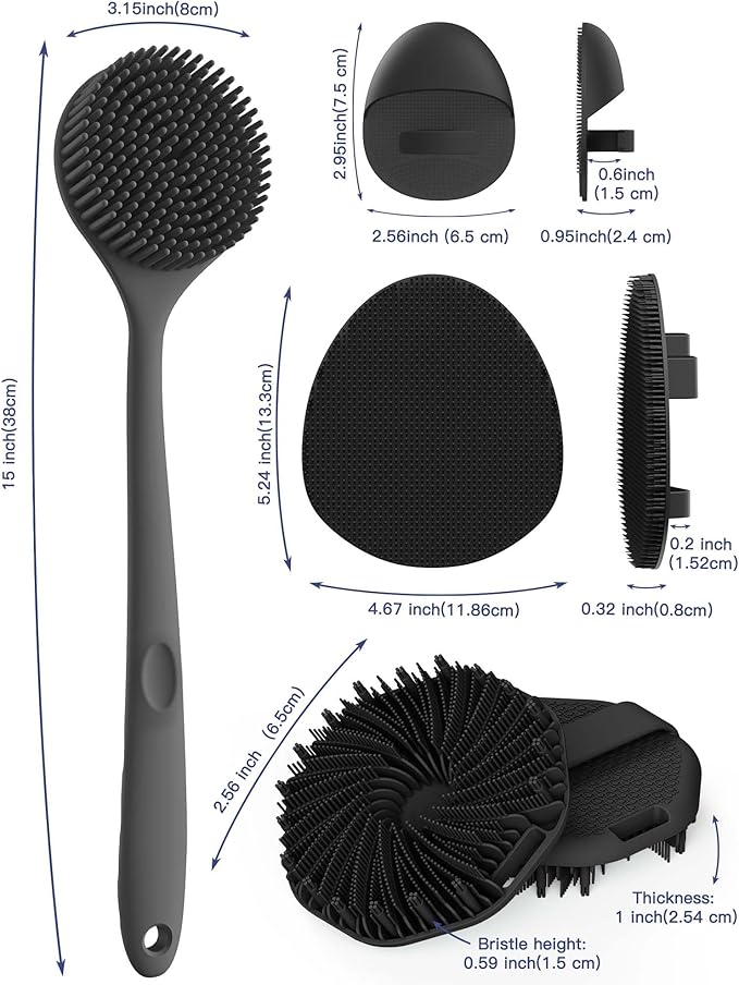 Manmihealth Silicone Back Scrubber & Soft Bath Glove, Silicone Scalp Massager Set 5 PCS, Super-Exfoliating Body Scrubber Shower Brush & Shampoo Brush Combination, with 2 Free Hooks (Style 1 Black)