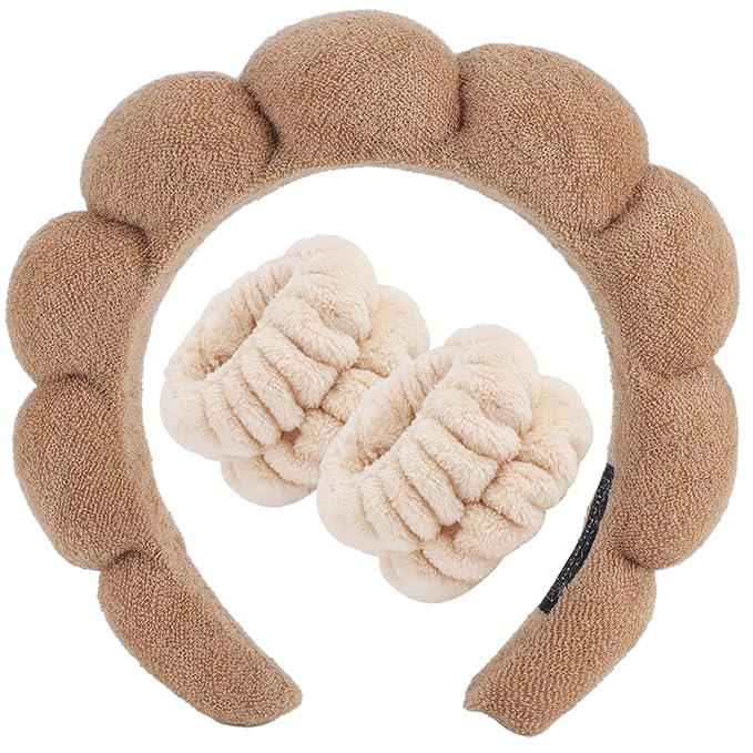 Zkptops Spa Headband for Washing Face Wristband Set Sponge Makeup Skincare Terry Cloth Bubble Soft Get Ready Hairband for Women Girl Puffy Padded Headwear Non Slip Thick Hair Accessory(Brown-2)