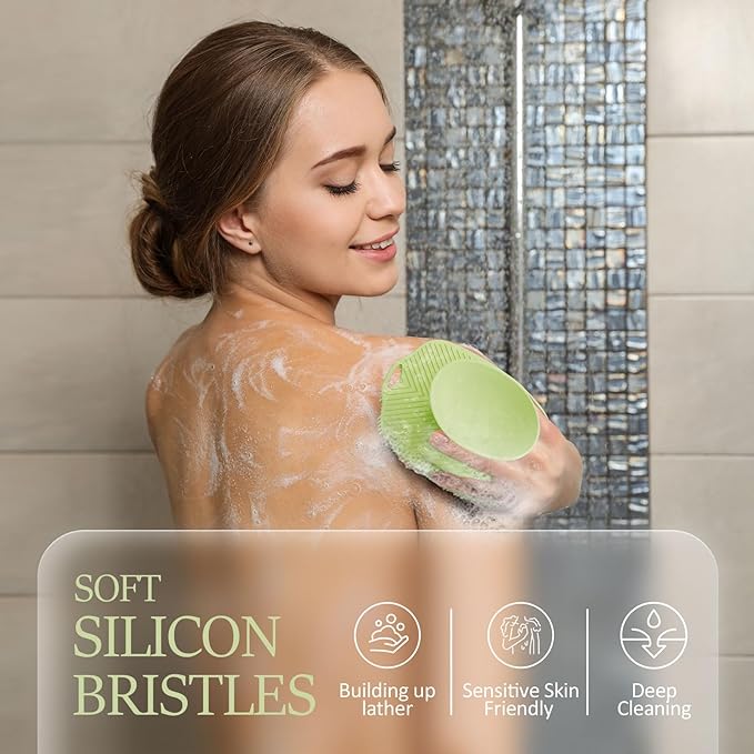 Soft Silicone Body Scrubber, Gentle Like a Hand Exfoliating Your Skin and Build Up Lather Easily, Back Large Suction Cup Easy to Store, Long-Lasting & Deep Clean (Green