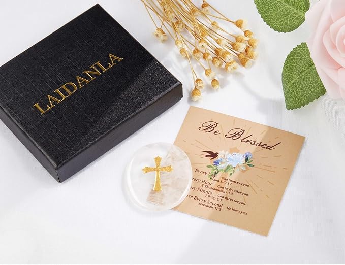 LAIDANLA Clear Quartz Cross Engraved Healing Crystal Worry Stones for Pray Faith Anxiety Relief Oval Palm Stone Polished Natural Crystal Gifts