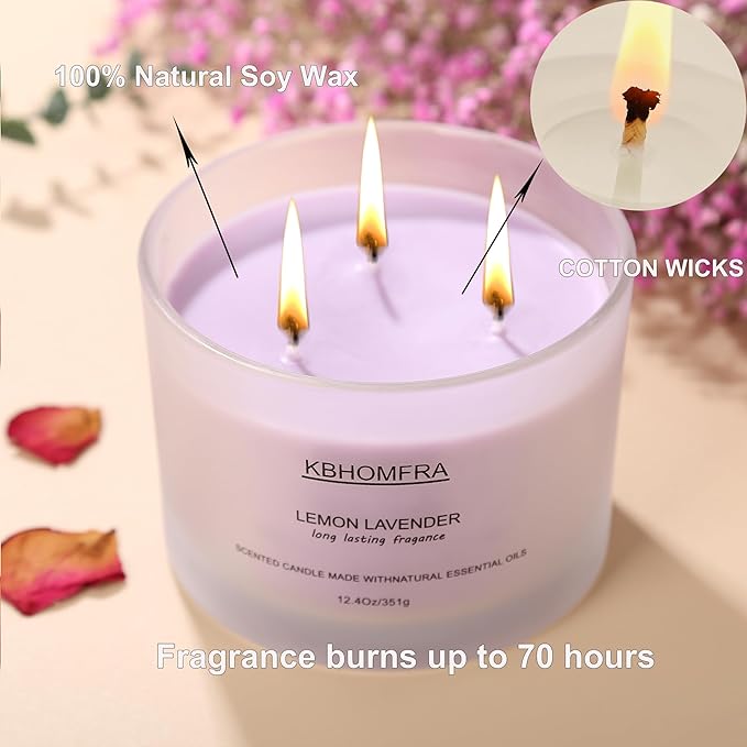 Scented Candle for Home, Lemon Lavender Essential Oils Fragrant, Soy Wax 12.4oz Large Capacity,3-Wick 70 Hours Burn,for Festival Luxury Gift,Sleep Relaxation Ambience