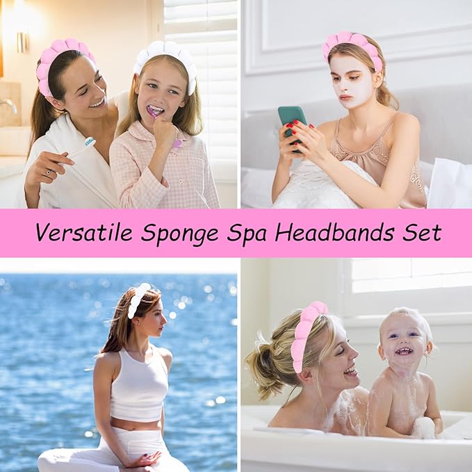 AMCAMI Puffy Spa Headband for Women 2 PCS Sponge Headbands for Girls Terry Towel Cloth Fabric Head Band for Skincare,Makeup Removal,Face Washing,Facial Mask,Shower,Hair Accessories(White&Light Pink)