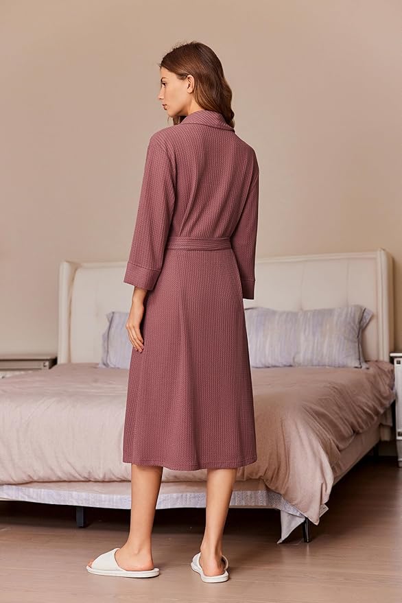 Ekouaer Robes for Women Long Waffle Knit Bathrobe Lightweight Kimono Robe Soft Shawl Collar Spa Robes with Pockets S-XXL