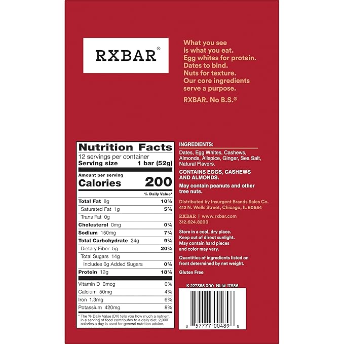 RXBAR Protein Bars, Protein Snack, Snack Bars, Gingerbread, 22oz Box (12 Count)