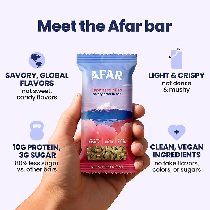 Afar Savory Protein Bars – Low Sugar, High Protein – Healthy Snacks for Adults – Meal Replacement Bar – Rice Crispy Texture – Vegan, Gluten Free (8 Bars, Japanese Miso)