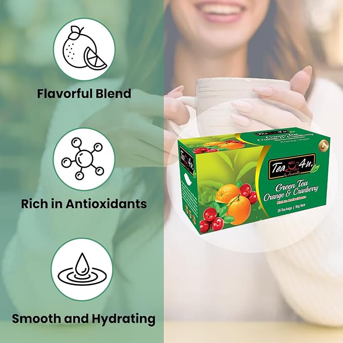 Tea4U Orange & Cranberry Flavor Green Tea - Hand Picked Leaves from Sri Lanka - Rich in Antioxidants - Smooth & Hydrating - Convenient Packaging of 25 Tea Bags