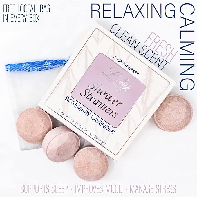 Shower Bombs Aromatherapy in Your Shower, American Made by Luxiny, Shower Steamer Tablets Melt to Release a Fragrant Vapor for Natural Stress Relief – Pack of 4 XL Steamers (Rosemary Lavender)