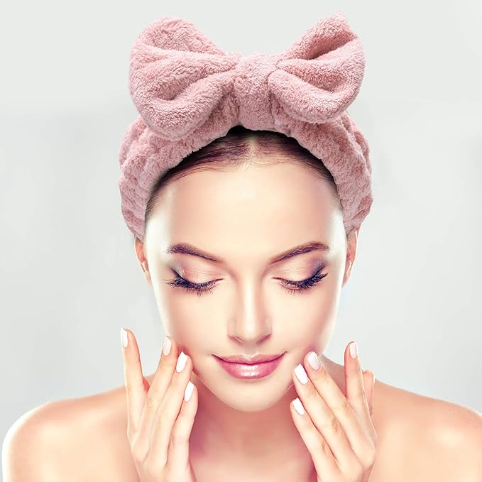 4 Pack Makeup Spa Headband Microfiber Bow Towel Soft Fluffy Washing Face Headband for Women Girls Shower Bath Skincare (Pink, Light Blue, Purple, Gray)