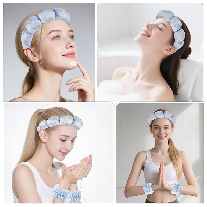 Zkptops Spa Headband for Washing Face Wristband Set Flower Sponge Makeup Skincare Velvet Fabric Bubble Soft Get Ready Hairband for Women Puffy Headwear Non Slip Thick Thin Hair Accessory(Blue Flowers)