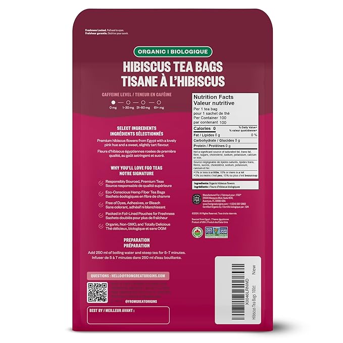FGO Organic Hibiscus Tea, 100 Count, Eco-Conscious Tea Bags, Caffeine Free, Packaging May Vary (Pack of 1)