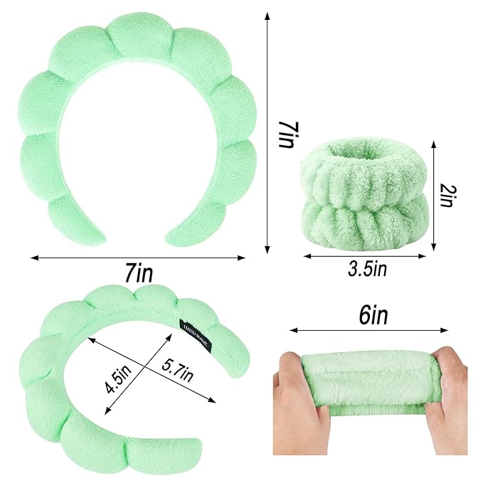 Zkptops Spa Headband for Washing Face Wristband Set Sponge Makeup Skincare Terry Cloth Bubble Soft Get Ready Hairband for Women Girl Puffy Padded Headwear Non Slip Thick Hair Accessory(Light Green)